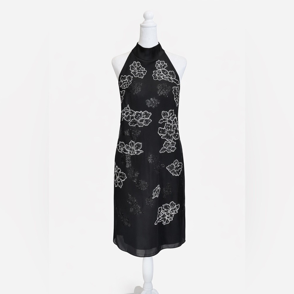White House Black Market Halter Cocktail Dress Black Floral Sequin Size S